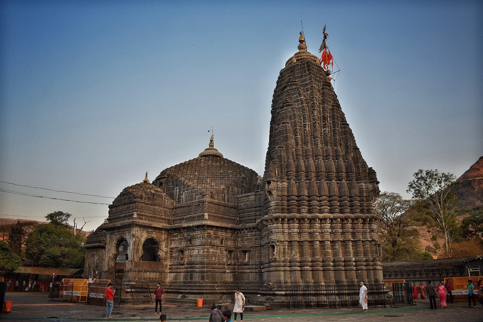 The carved stone shikhara of the Trimbakeshwar Jyotirlinga Temple